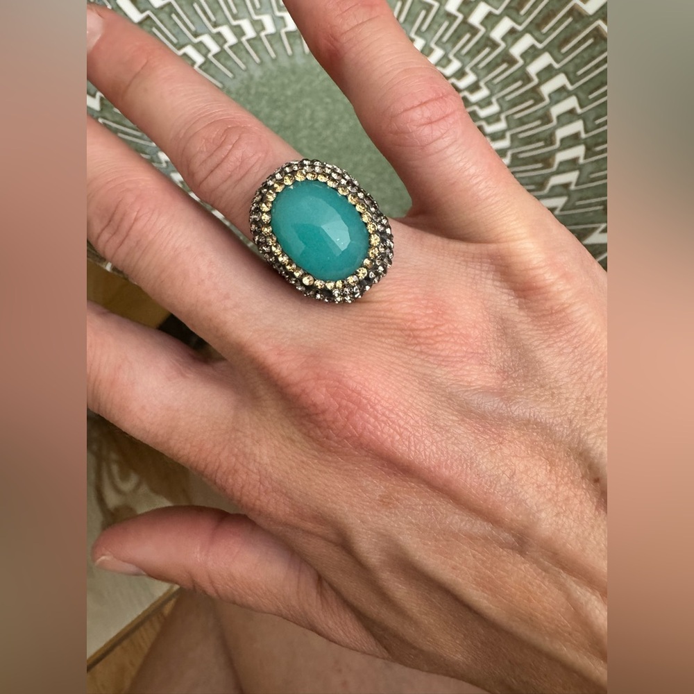 ✨ Adjustable Chalcedony Gemstone Ring | Rhinestone Halo | Antique Gold Tone ✨